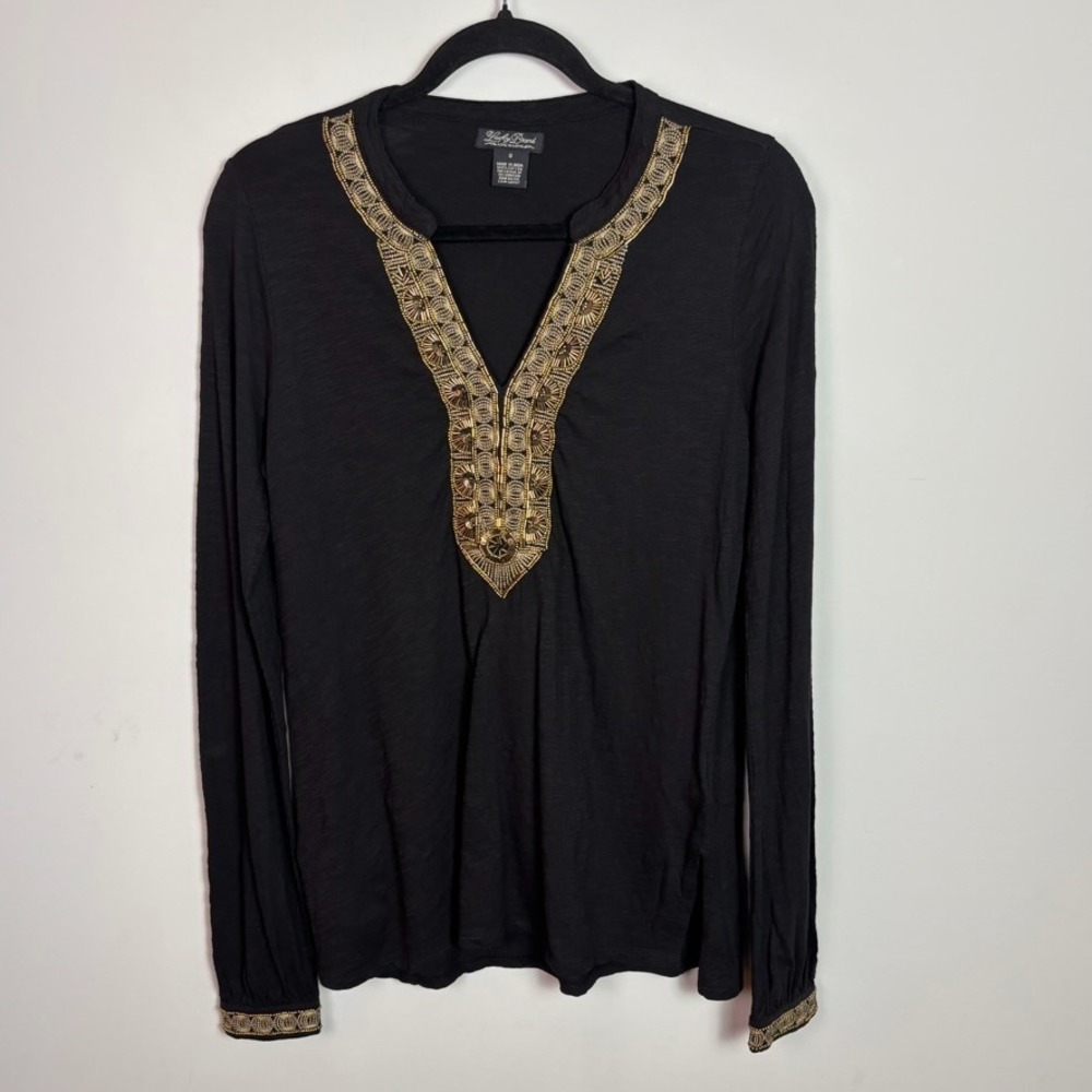 Lucky Brand Womens Y2K Black Beaded Boho 100% Cotton Blouse sz Small Art to wear